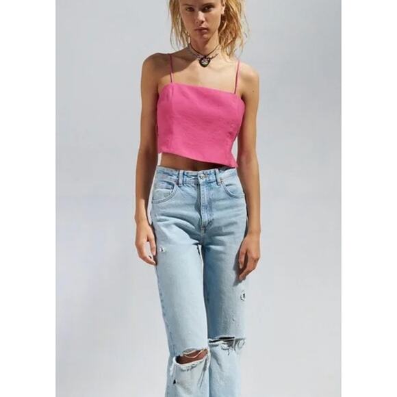 ZARA Flowy Crop Top Square Neck Spaghetti Strap Lace Up Open Back Tank Top Pink - Picture 3 of 14